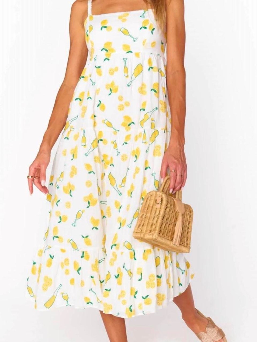 Show Me Your MuMu White Lemon-Print Midi Dress, Size L
